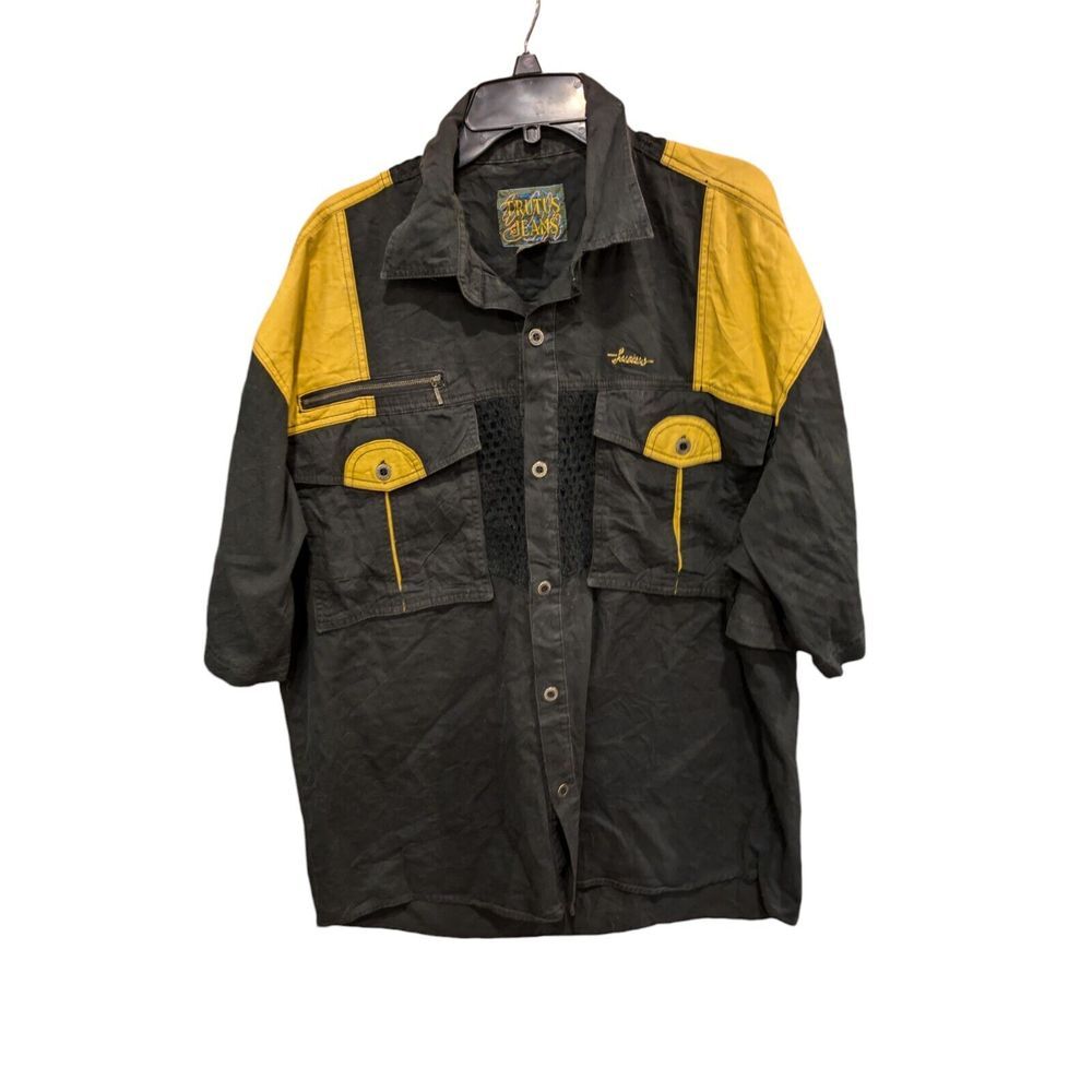 Trutus Biancarra Button Up Shirt Mens XL Yellow Black Short Sleeve Casual